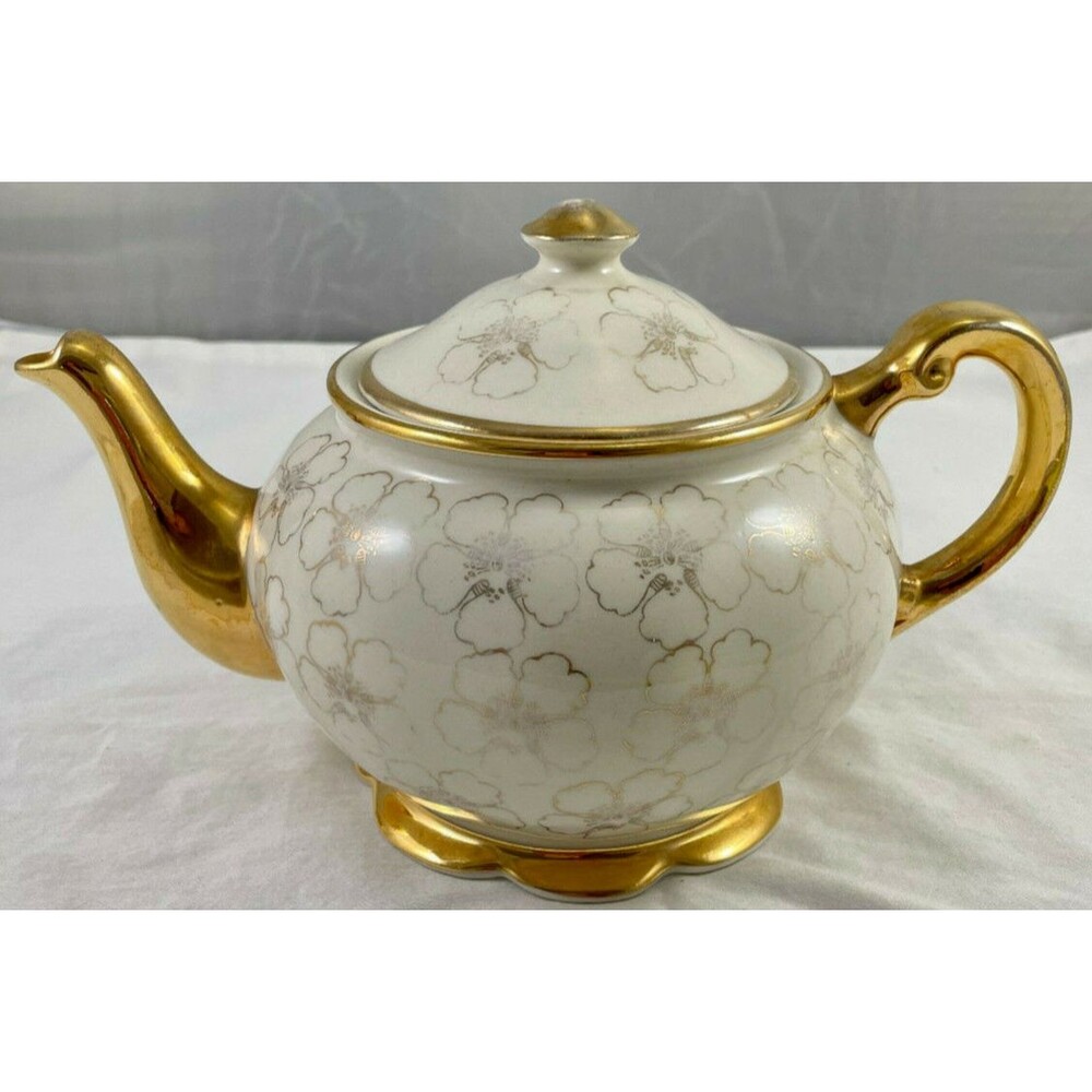 Kingwood China Teapot Ivory w/ Gold Flowers & Trim Vintage MCM USA